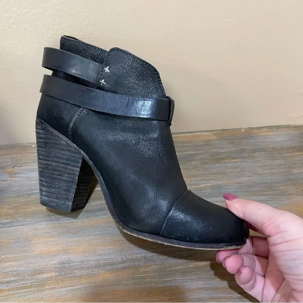 Rag & Bone Harrow Chunky Heel Ankle Booties Black Leather Straps Womens 8.5